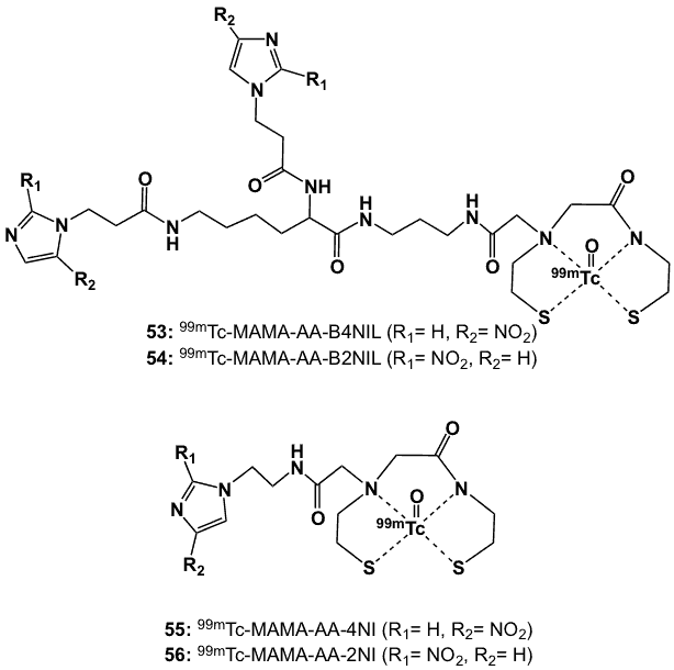 Figure 19 shows monoamine-monoamide dithiol ligands complexed with 99mTc-oxo core for possible radiosensitizers