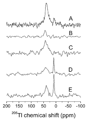 Figure 27 shows the thallium-205 MAS NMR spectra of thallium cation interacting with sodium ions and potassium ATPase from shark rectal glands.