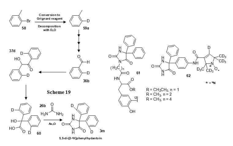 Figure 12 shows the synthesis of 5,5-di-[2-2H]phenylhydantoin (3m) (Scheme 19) and structures of phenytoin derivatives with 125I (61) and 15N,2H labels (62).