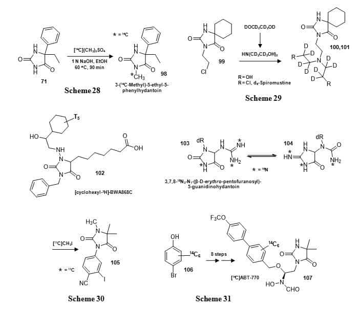 Figure 17 shows the syntheses of carbon-14 labelled mephenytoin and spiromustine