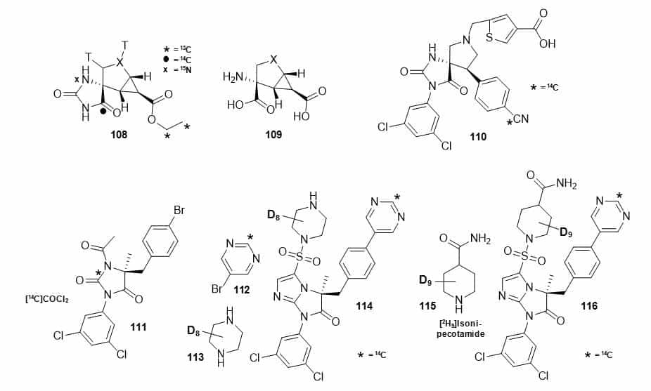Figure 19 shows the chemical structures of hydantoin intermediates labelled with various isotopes
