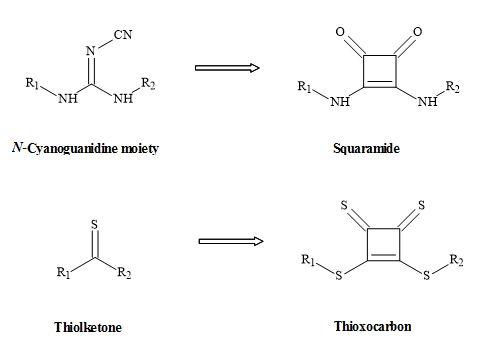 Squaryl metaphors of thiolketones and N-cyanoguanidine