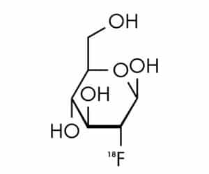 Fluorine-18 Fludeoxyglucosecancer imaging diagnostic drug molecule. Contains radioactive isotope fluorine-18.