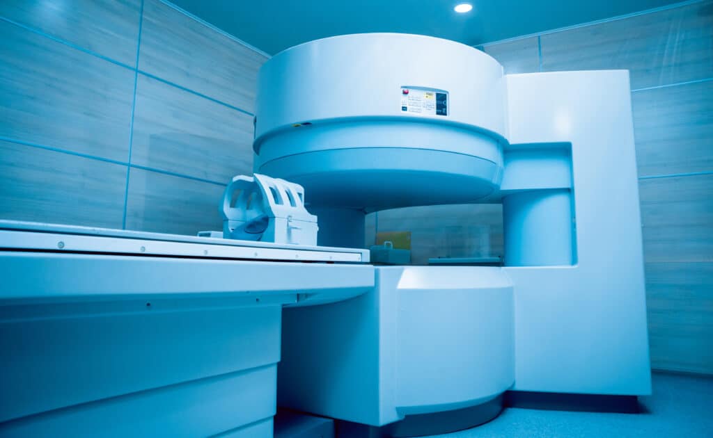 MRI uses magnets and radio waves for detailed imaging.