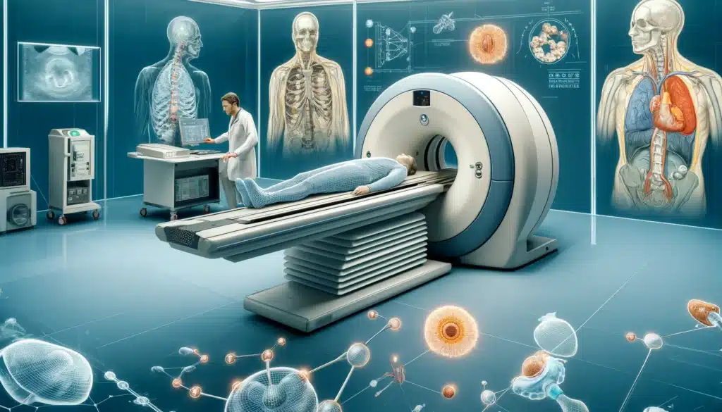 PET imaging showing patient, scanner, and radiotracers emitting positrons detected by the scanner.