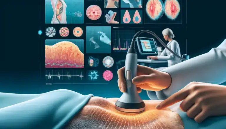 Doctor using a handheld tactile diagnostics device on a patient with data displayed on a screen