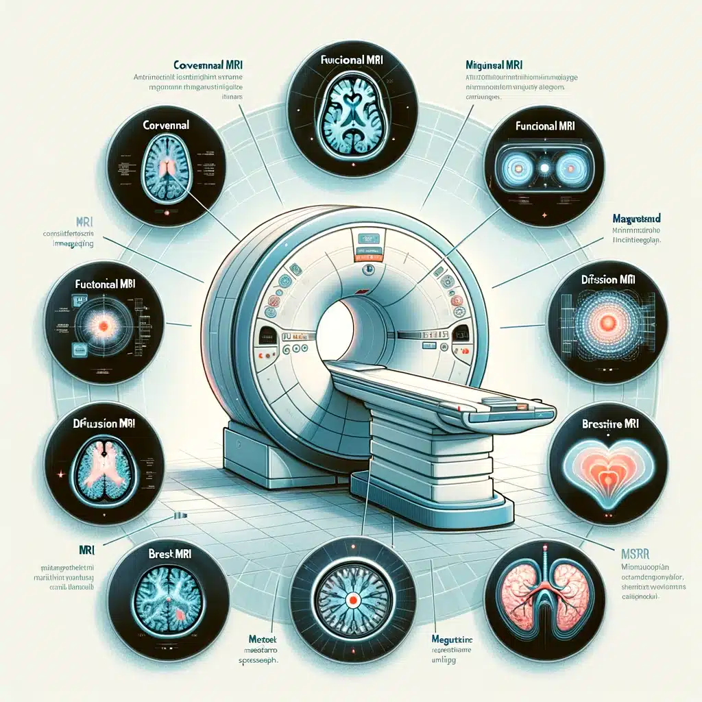 Different types of MRI, including Conventional MRI, Functional MRI (fMRI), Diffusion MRI (dMRI), Magnetic Resonance Spectroscopy (MRS), Cardiovascular MRI (CMR), and Breast MRI.