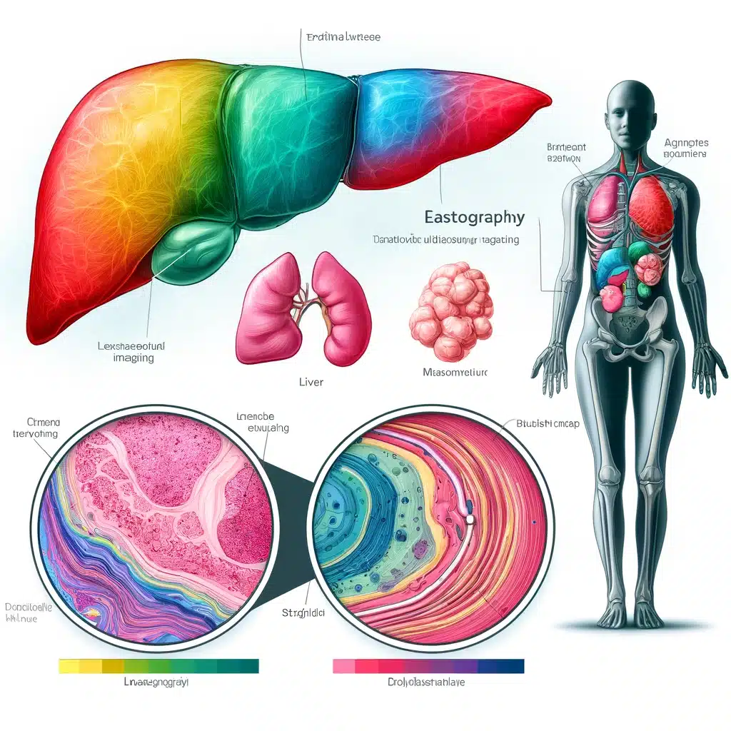 Elastography illustration showing tissue stiffness in liver and breast, comparing traditional ultrasound and elastography.