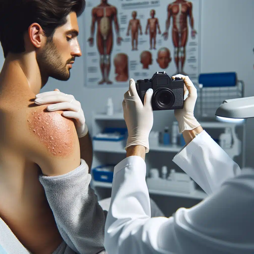 doctor takes a close-up photo of a patient's skin in a modern clinic.