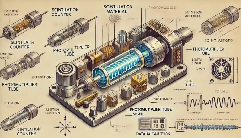 A scintillation counter measures ionising radiation using light-emitting materials.