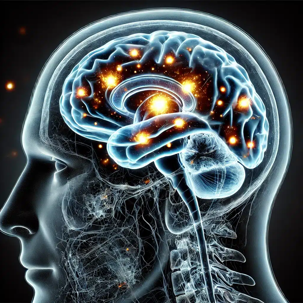 brain scan using Pittsburgh Compound-B (PIB) PET imaging, highlighting amyloid plaques as bright spots within the brain