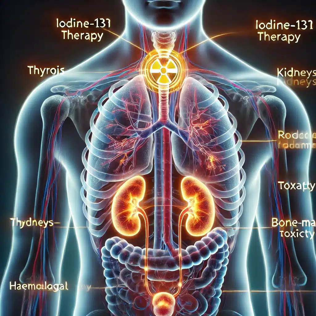 Radionuclide therapy poses risks like renal toxicity and haematological suppression