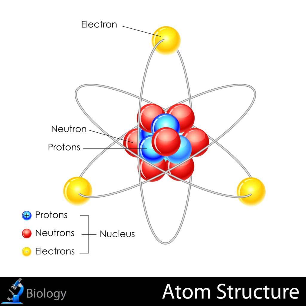 The atom consists of a nucleus with protons, neutrons, and electrons